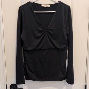 LOFT Black Long Sleeve V-Neck Top with Gathered Front